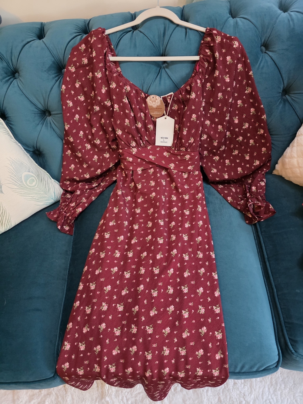 Boho Burgundy Floral Puff-Sleeve Midi Dress